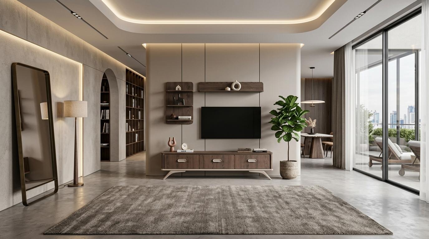 TV board Wandschrank Wandregal Stil modern braun Wohnzimmer praktisch