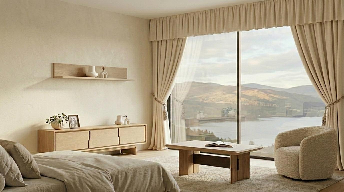 Tisch TV board Wandregal Stil modern beige Wohnzimmer rechteckig geräumig