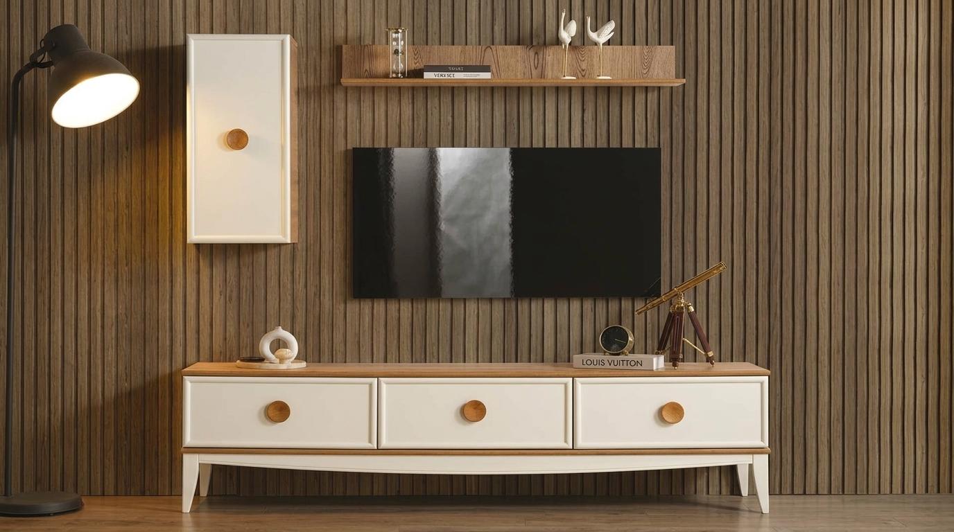 TV board Wandschrank Wandregal Stil modern beige praktisch geräumig