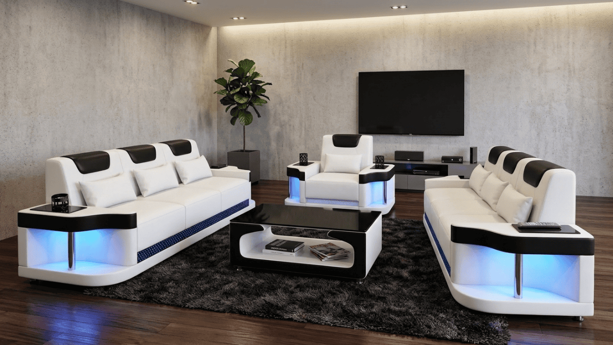 Sofa Set 3+3+1 Modern Weiß Schwarz Premium LED Couchtisch Komfort