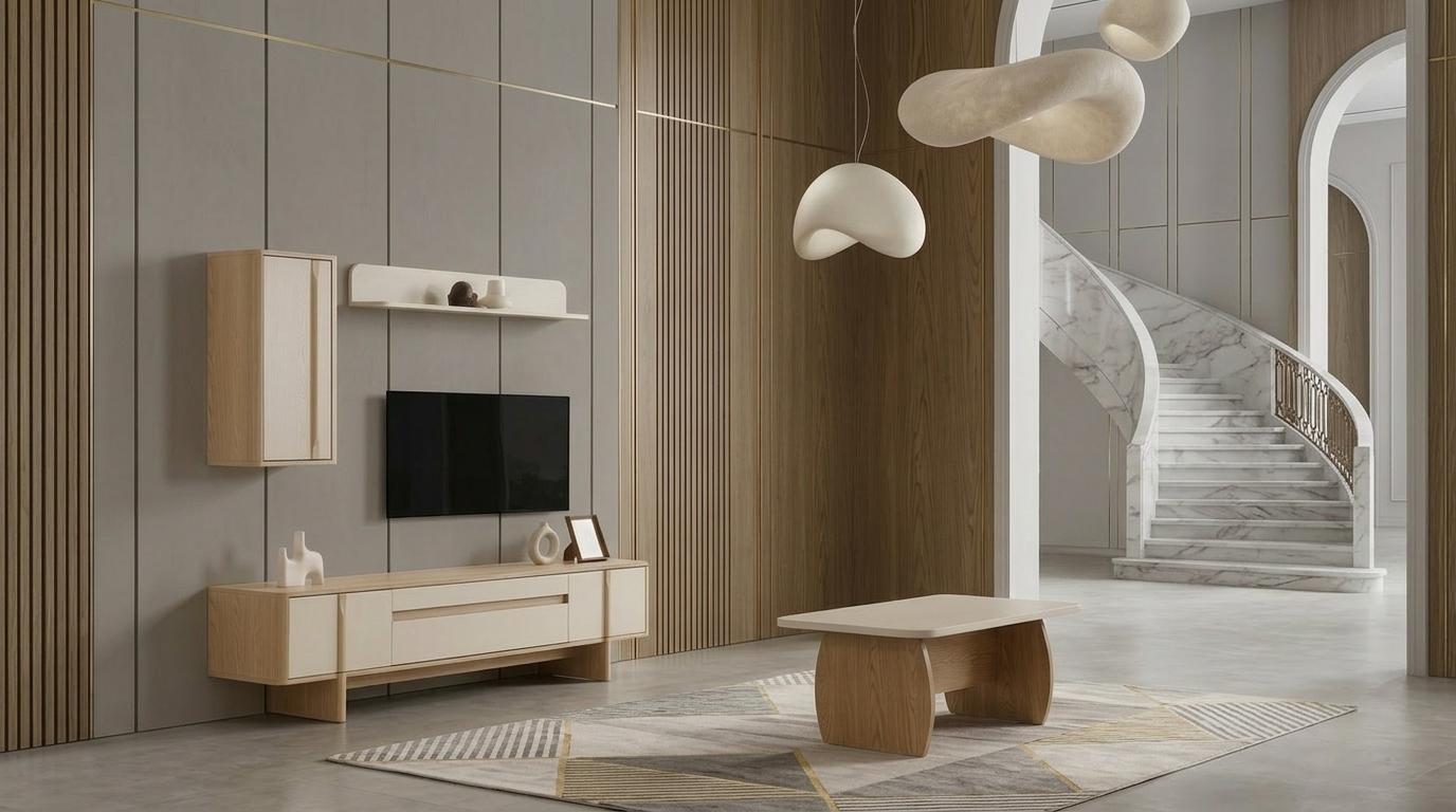 Tisch TV board Wandschrank Wandregal Stil modern beige rechteckig bequem