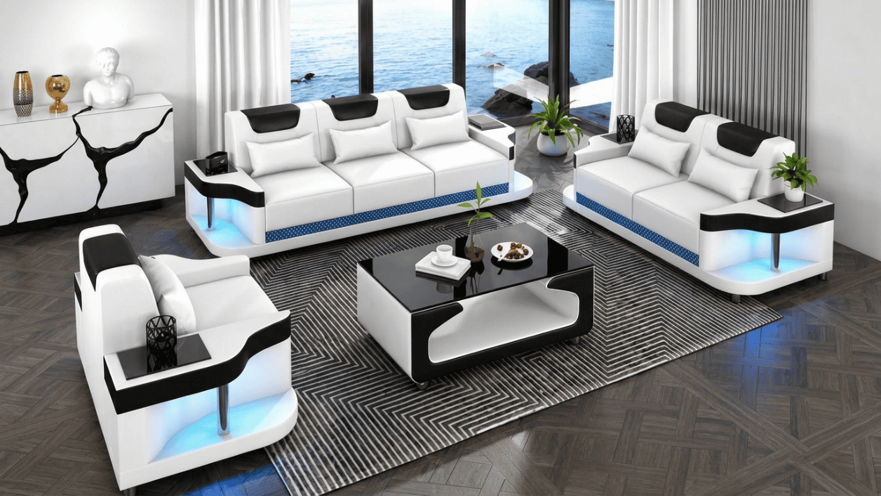 Sofa Set 3+2+1 Modern Weiß Schwarz Premium LED Couchtisch Luxus Top