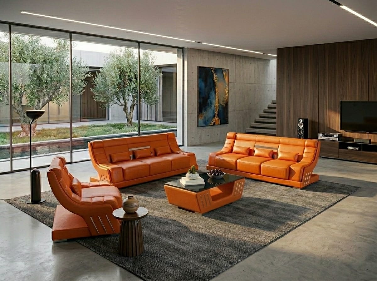 Leder Sofa Set 3+3+1 Modern Orange Couch Design LED Polstergarnitur