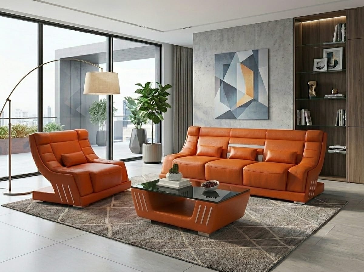 Leder Sofa Set 3+1 Modern Orange Couch Design LED Polstergarnitur