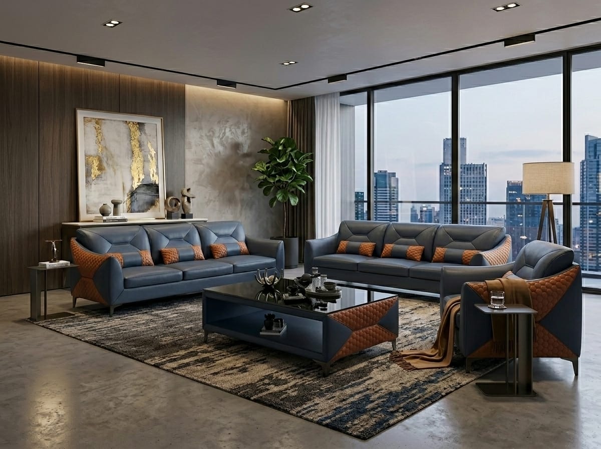 Leder Sofa Set 3+3+1 Modern Blau Couch Design Komfort Polstergarnitur *