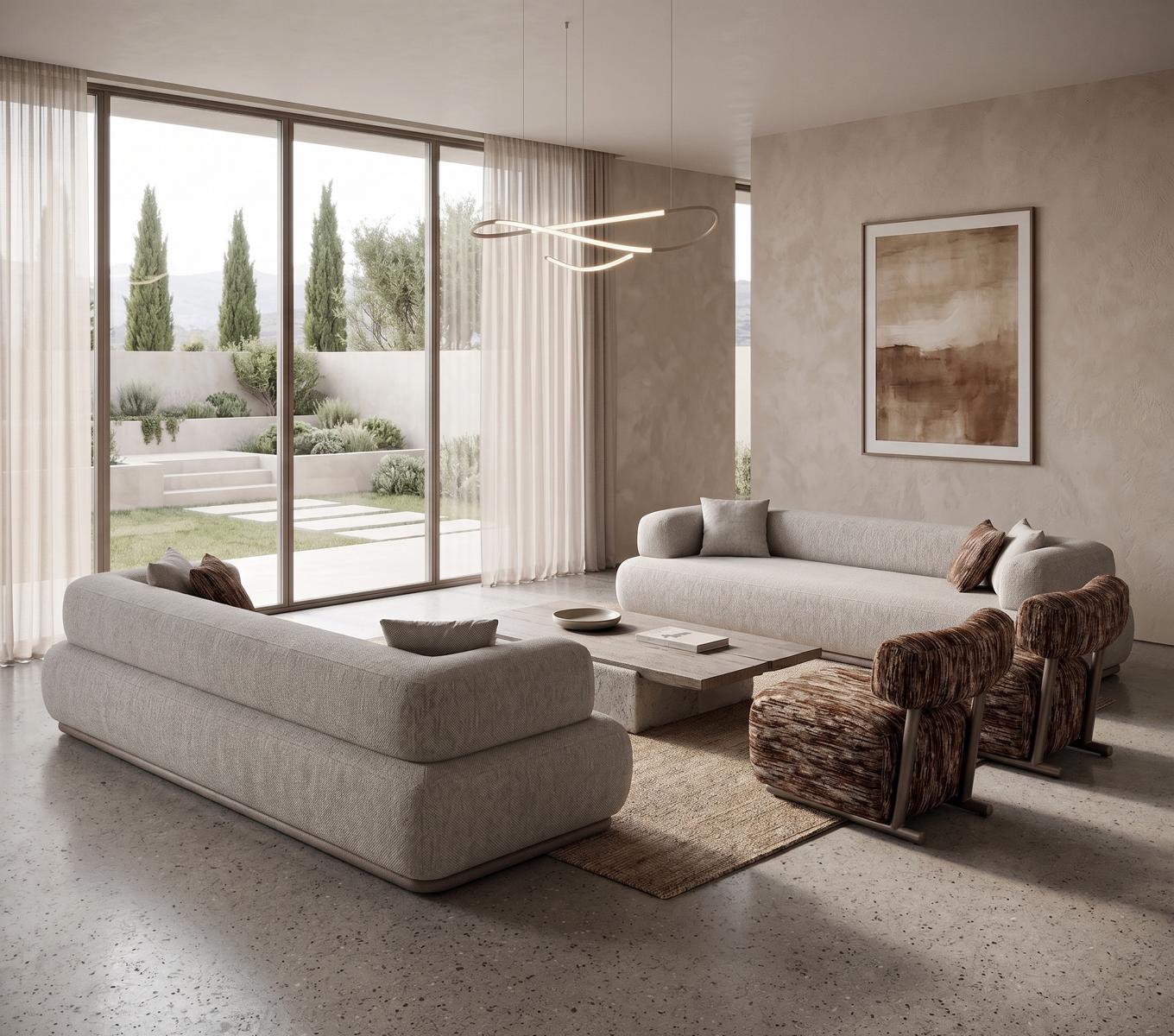 Luxus Wohnlandschaft Beige Stoff Sofas und Sessel Set