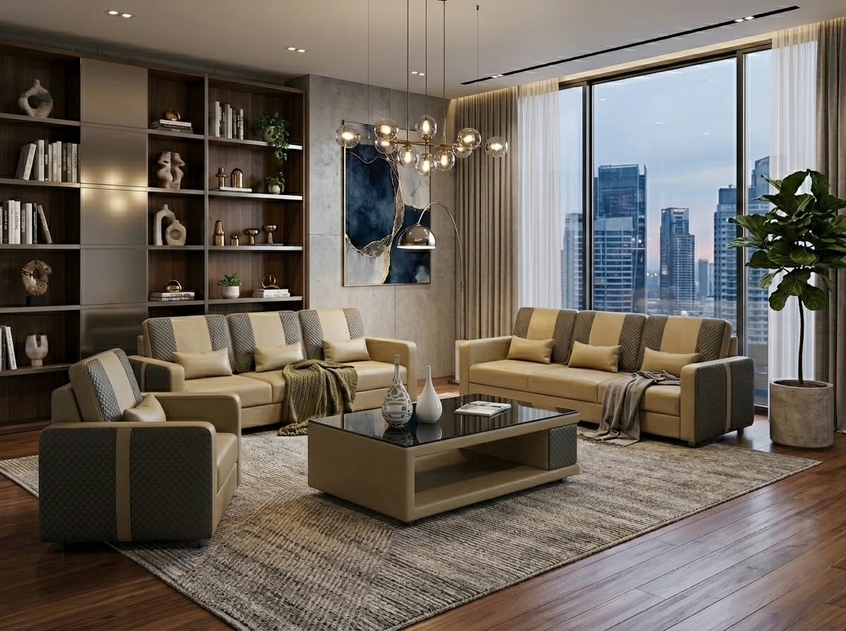 Leder Sofa Set 3+3+1 Modern Beige Grau Couch Design Polstergarnitur *