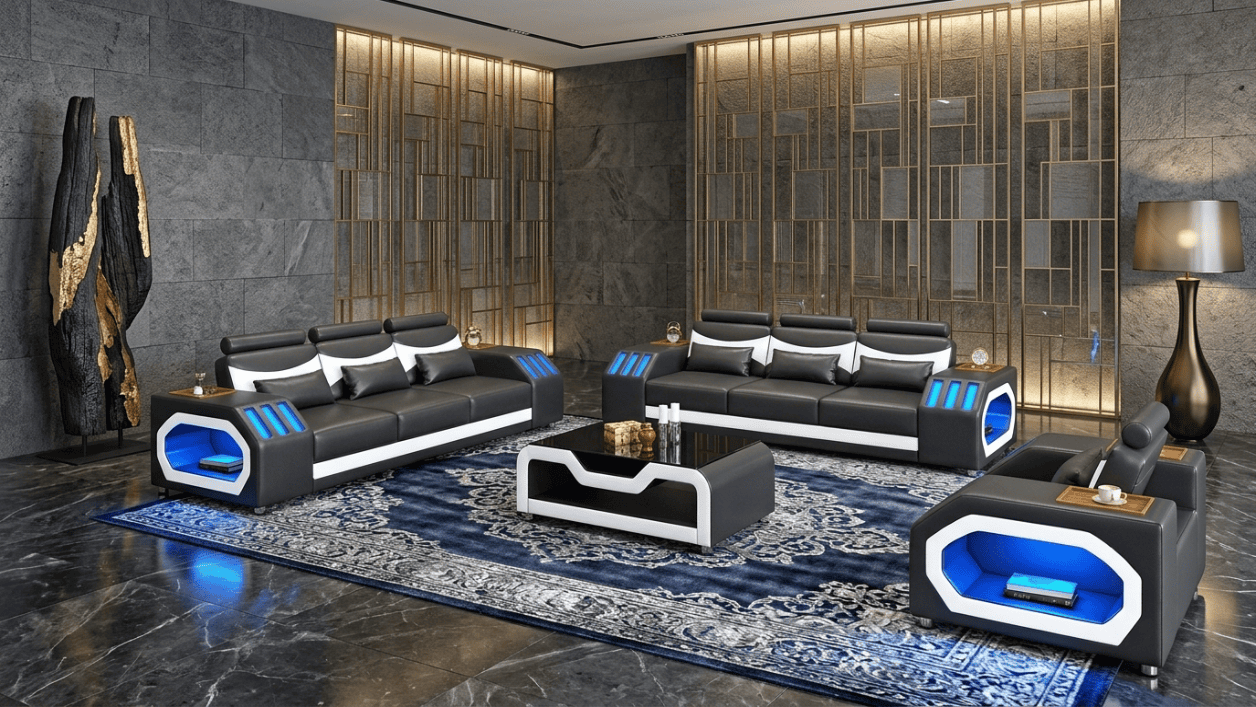 Sofa Set 3+3+1 Modern Weiß Schwarz Premium LED Couchtisch Komfort *