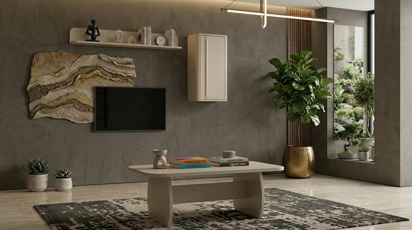Tisch TV board Wandregal Stil modern weiß rechteckig Wohnzimmer praktisch