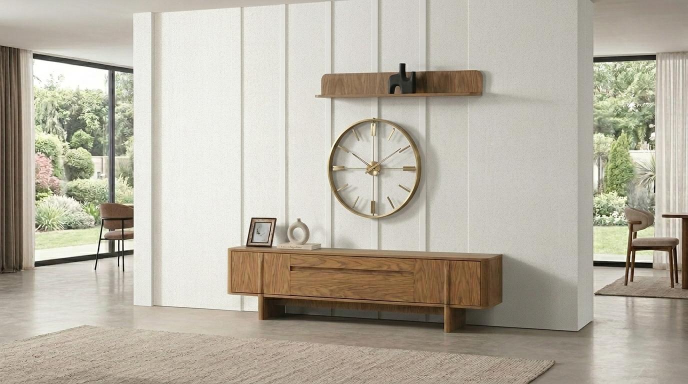 TV board Wandregal Stil modern braun Wohnzimmer bequem praktisch geräumig