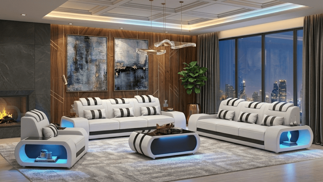 Sofa Set 3+3+1 Modern Weiß Schwarz Premium LED Couchtisch Komfort *