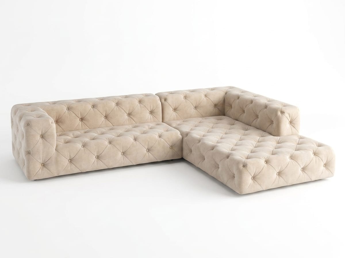 Beiges L-förmiges Ecksofa Gestepptes Stoffsofa Chesterfield Wohnzimmer