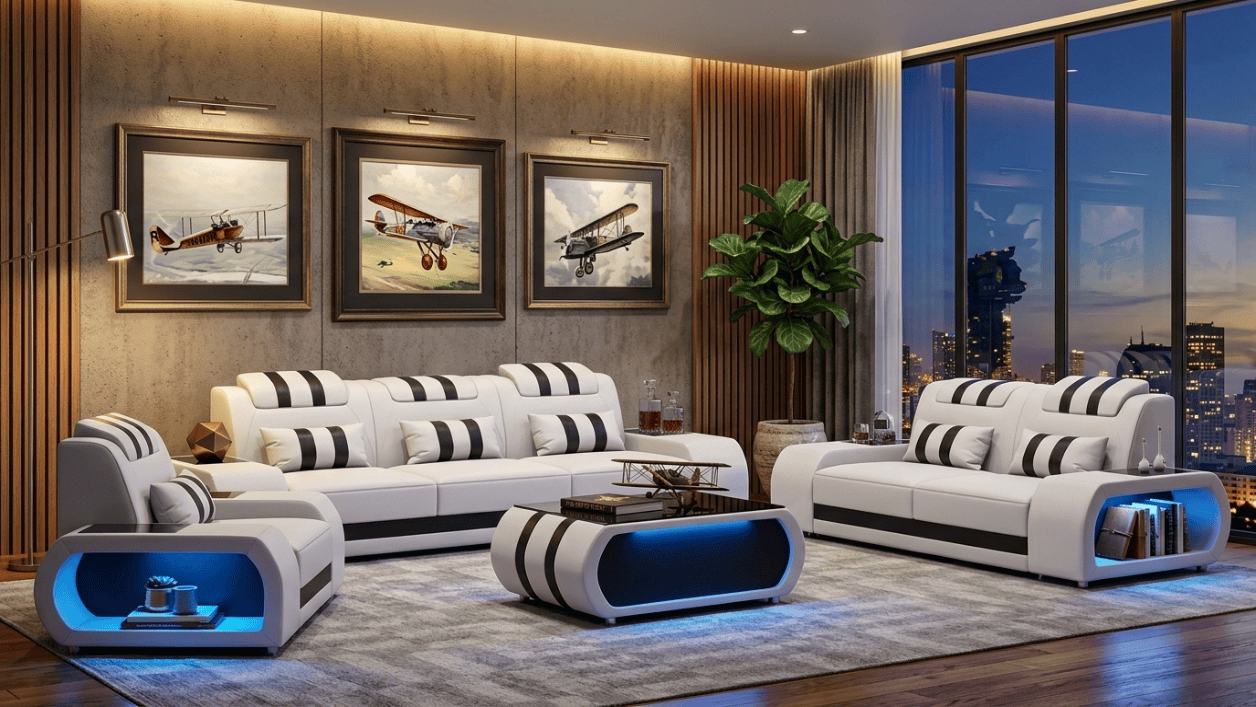 Sofa Set 3+2+1 Modern Weiß Schwarz Premium LED Couchtisch Luxus Top *