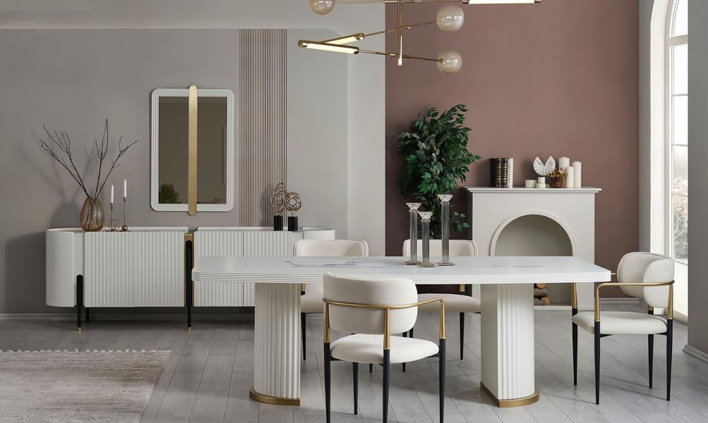 Weißes Esszimmer Set Designer Esstisch 4x Küchenstühle Sideboard
