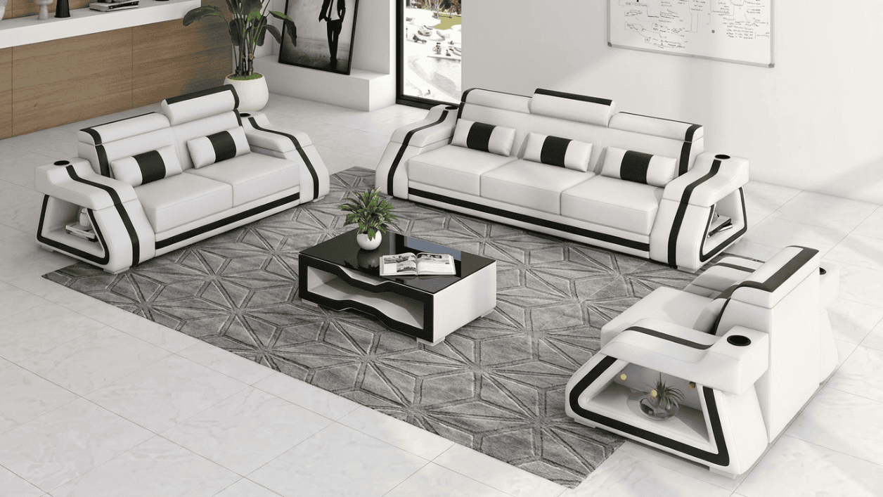 Sofa Set 3+2+1 Modern Weiß Schwarz Premium LED Couchtisch Luxus Top *
