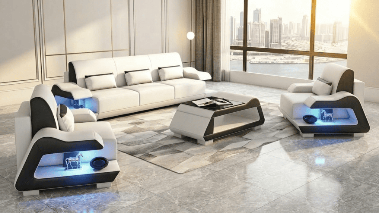 Sofa Set 3+1+1 Modern Weiß Schwarz Premium LED Couchtisch Komfort *