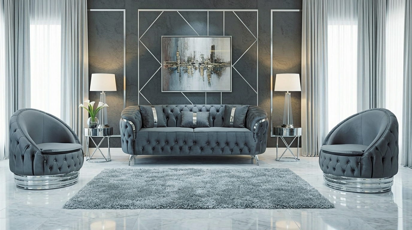 Stylische Blaue Chesterfield Stoffgarnitur 2x Relax Einsitzer 3-er