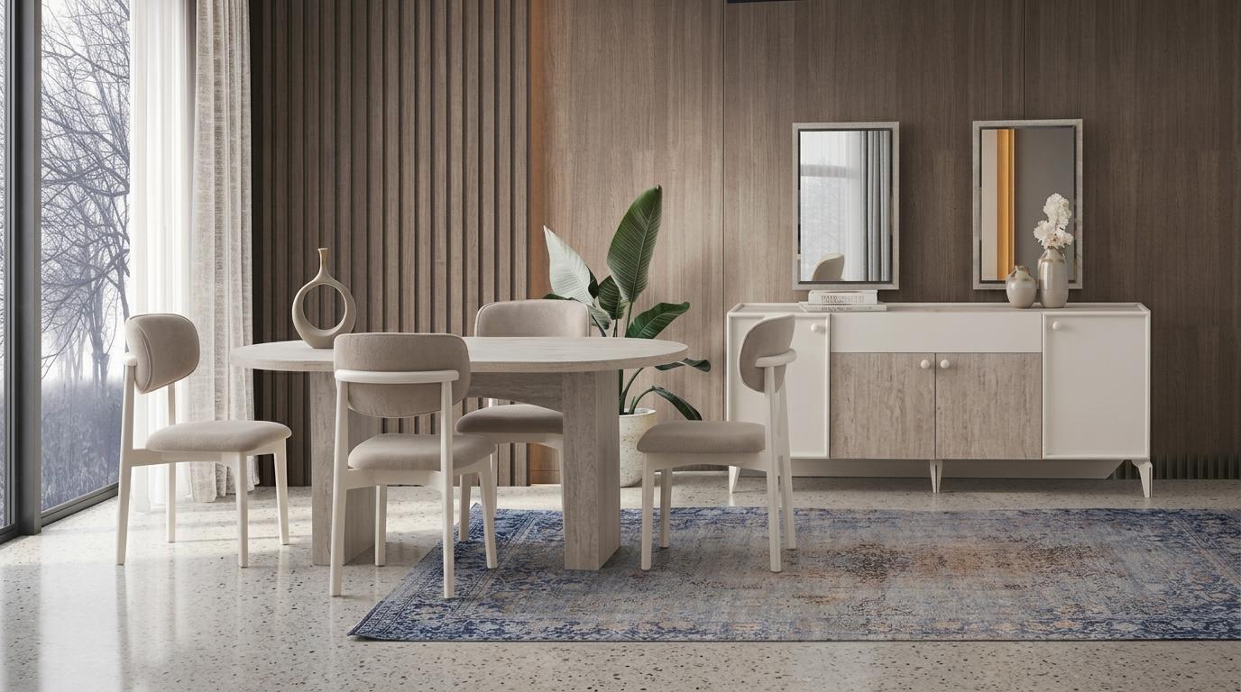 Luxuriöses Beiges Esszimmer Set Designer Esstisch 4x Stühle Spiegel