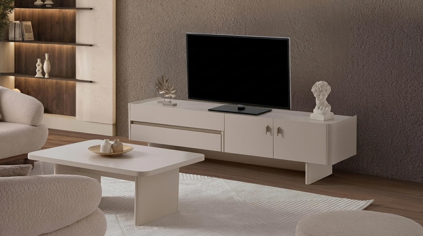 Wohnzimmer Set TV-Lowboard Couchtisch Moderner Stil Beige Funktional