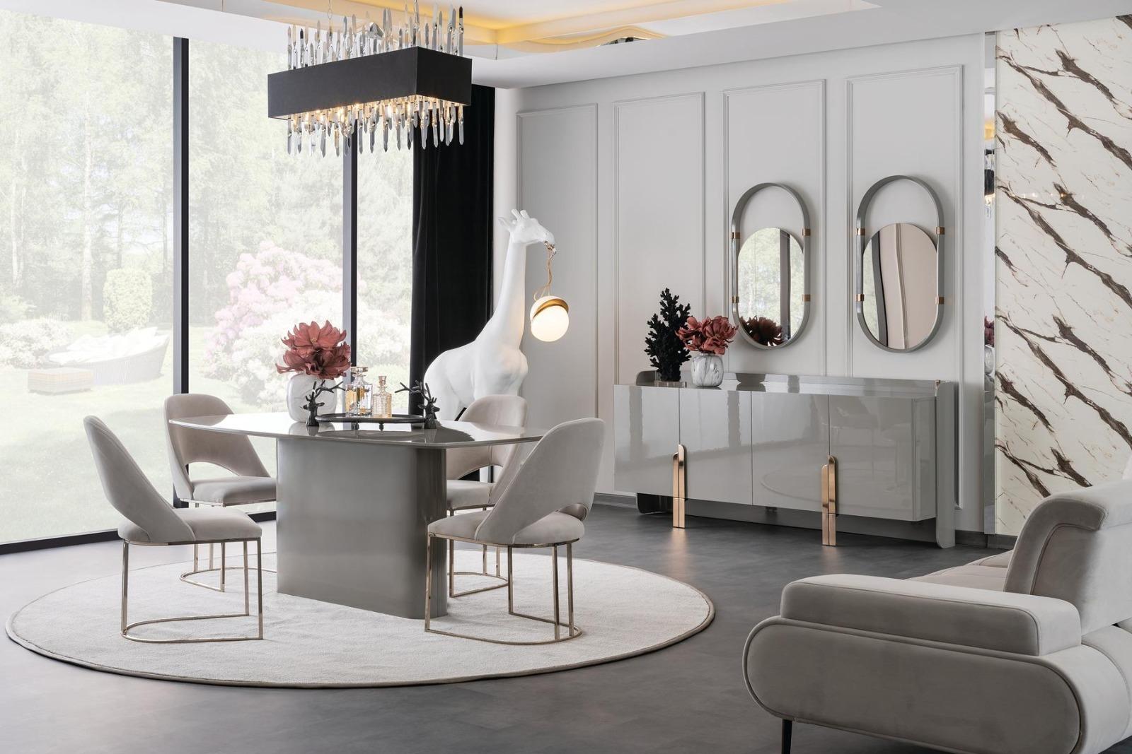Modernes Graues Esszimmer Set Robuster Esstisch 4x Stühle Sideboard