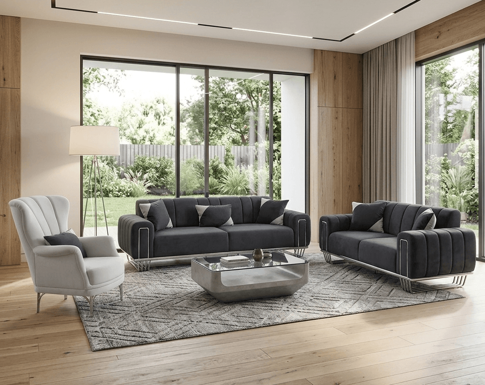 Stilvolle Graue Sitzgruppe Eleganter 3-Sitzer Zweisitzer Sessel 3tlg