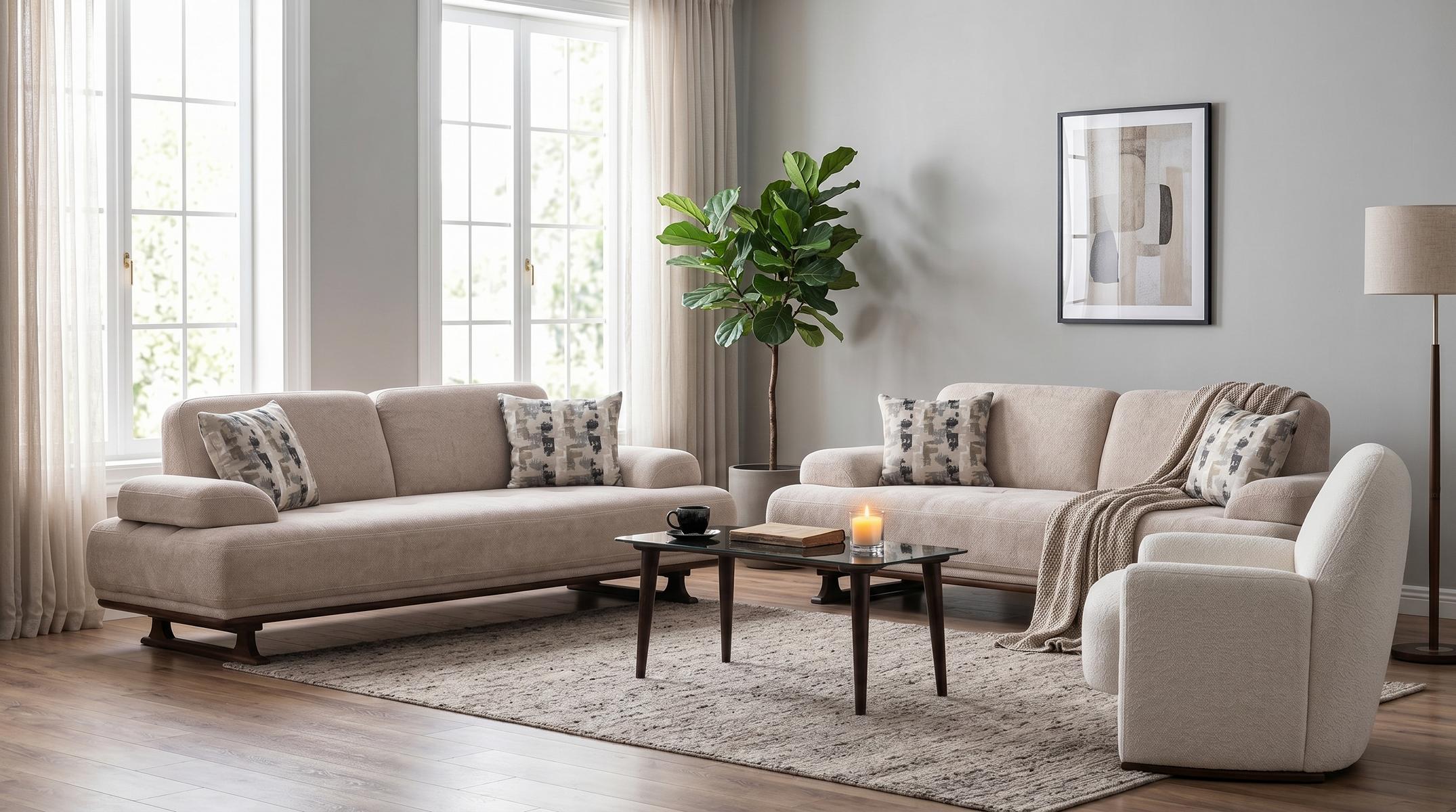 Sofa Set 3+3+1 Grau Stoff Modern Sessel Wohnzimmer Design klassisch