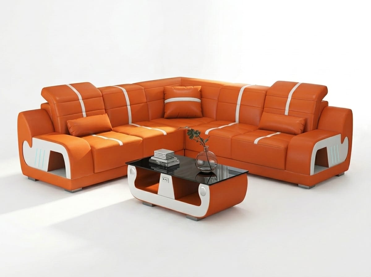 Großes orangefarbenes L-förmiges Ecksofa aus Leder Couchtisch Wohnzimmer *