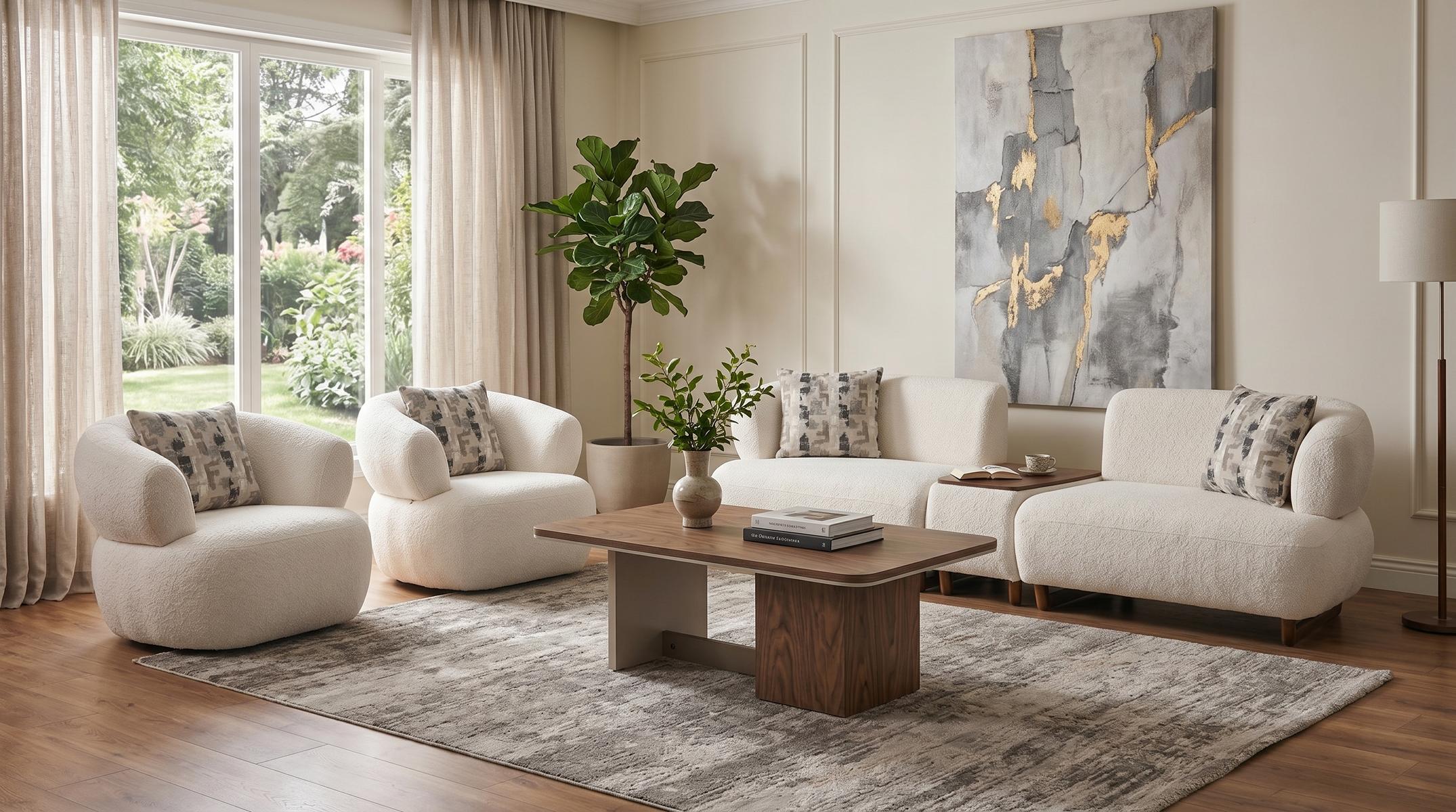 Sofa Set 4+1+1 Beige Stoff Modern Sessel Wohnzimmer Design klassisch