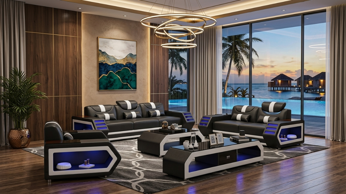 Sofa Set 3+2+1 Modern Schwarz Premium LED Couchtisch Luxus Exklusiv