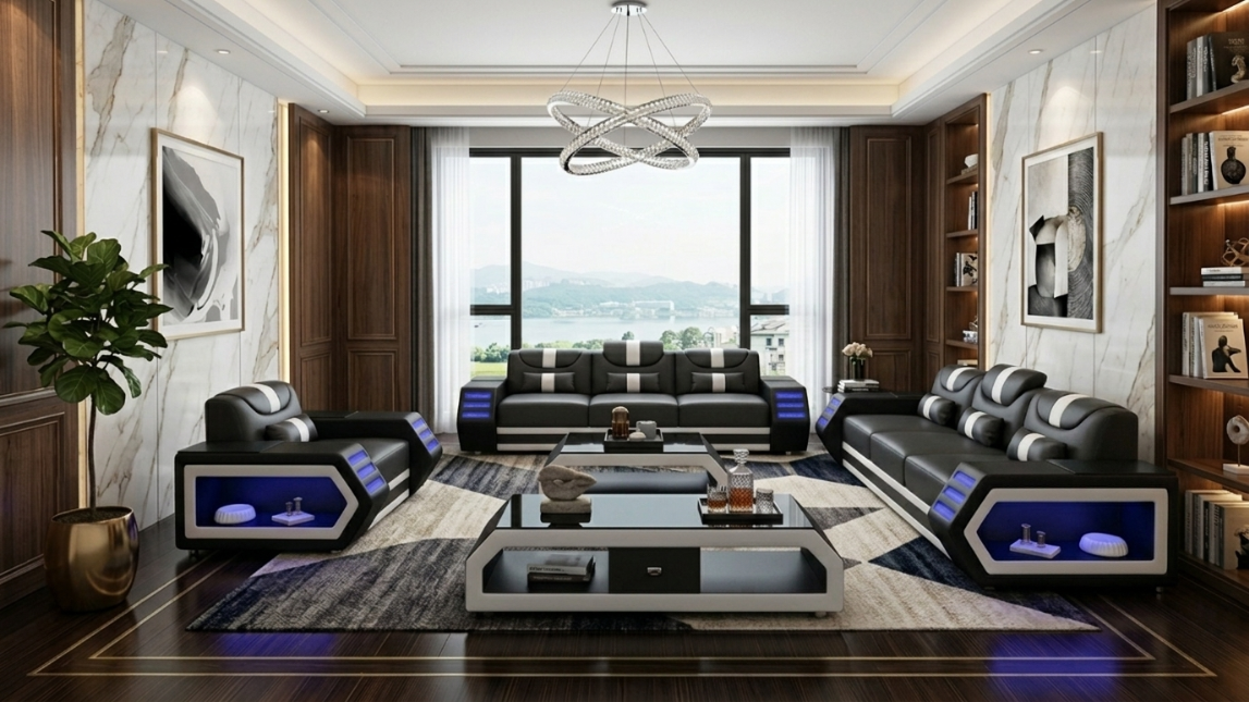 Sofa Set 3+3+1 Modern Schwarz Weiß Premium LED Couchtisch Komfort