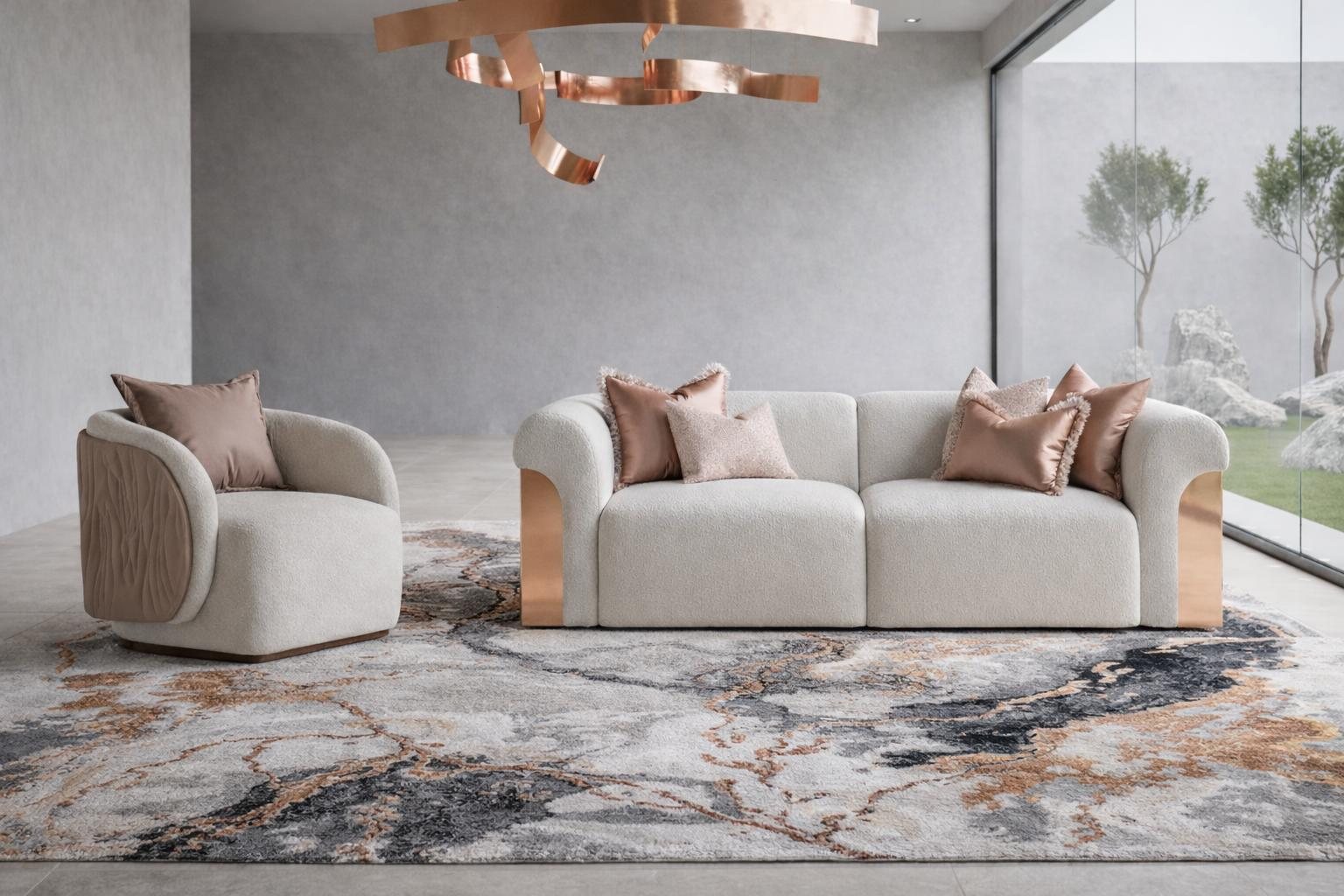 Beige Lounge Sofa Set Curved Form Boucle Stoff Kupfer Details mit Sessel