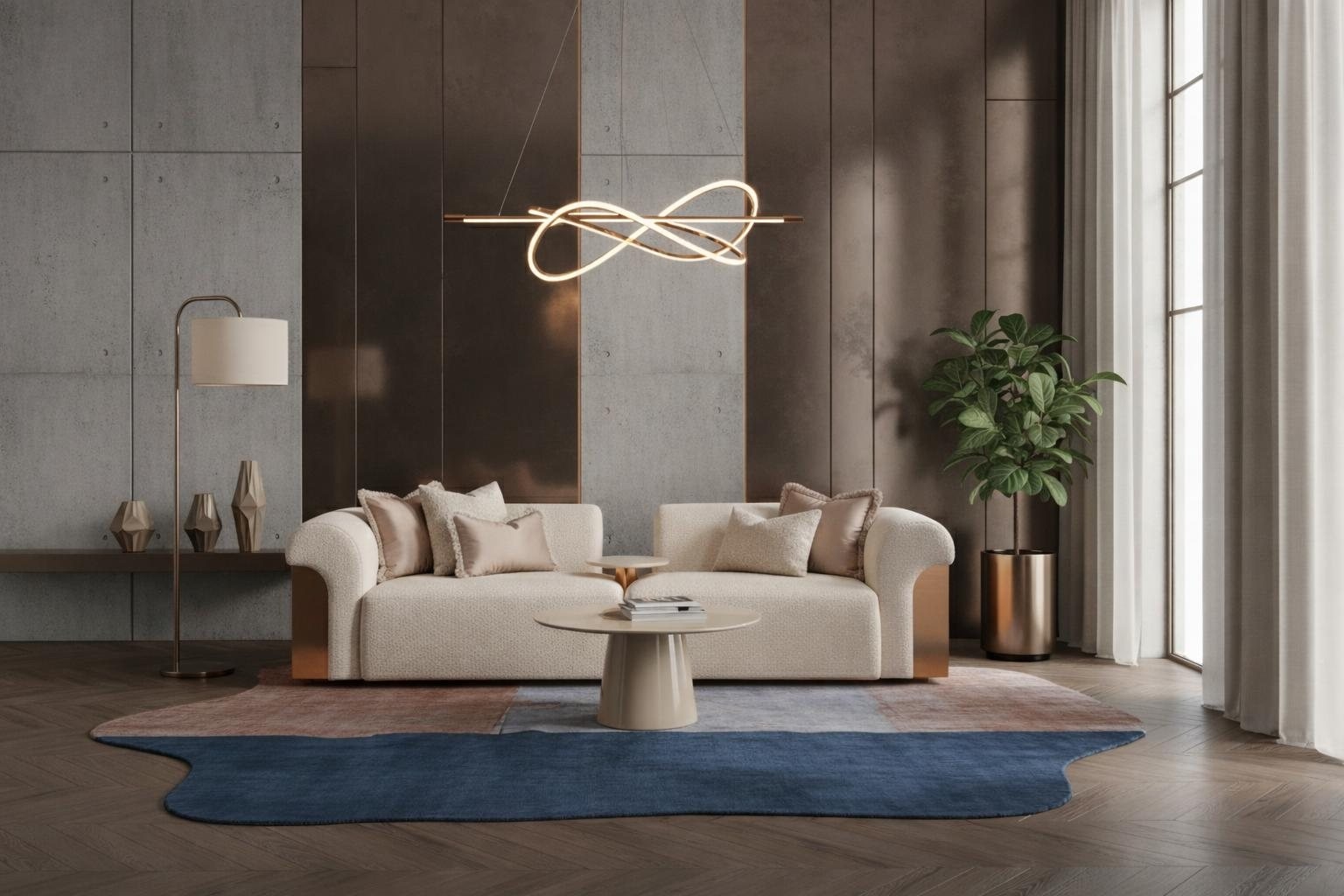 Beige Lounge Sofa Curved Form Boucle Stoff mit Kupfer Seiten Modern