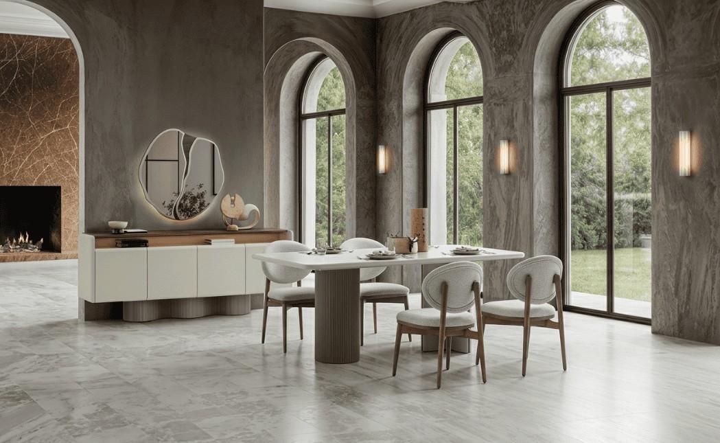 Beiges Esszimmer-Set  Esstisch Esszimmerstühle Sideboard Wandspiegel Design-Stil