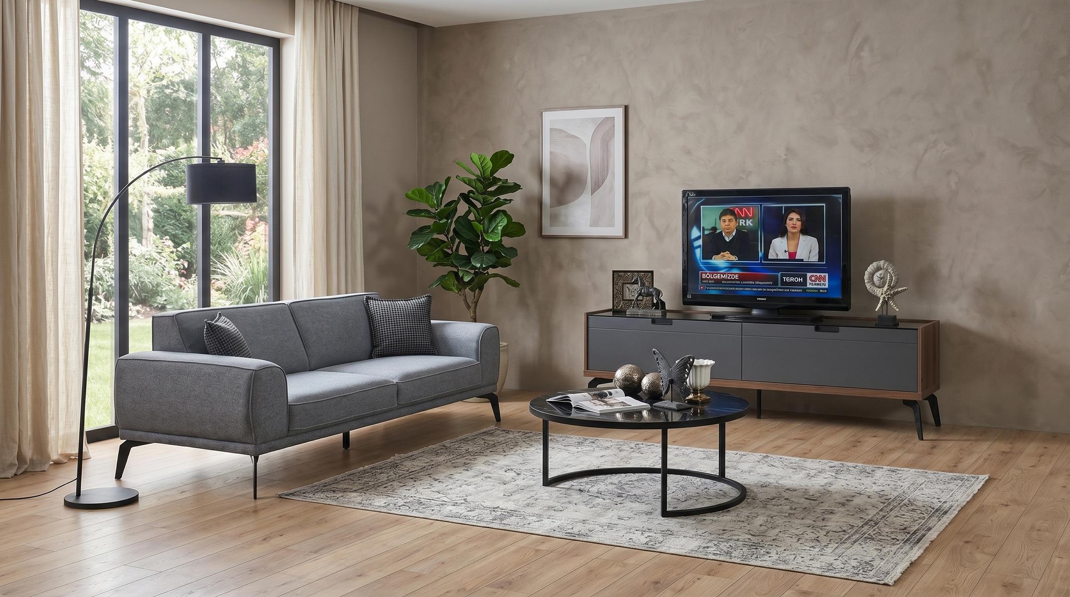 3-Sitzer Sofa Couchtisch TV-Unit Modern Grau Anthrazit Stilvoll bequem