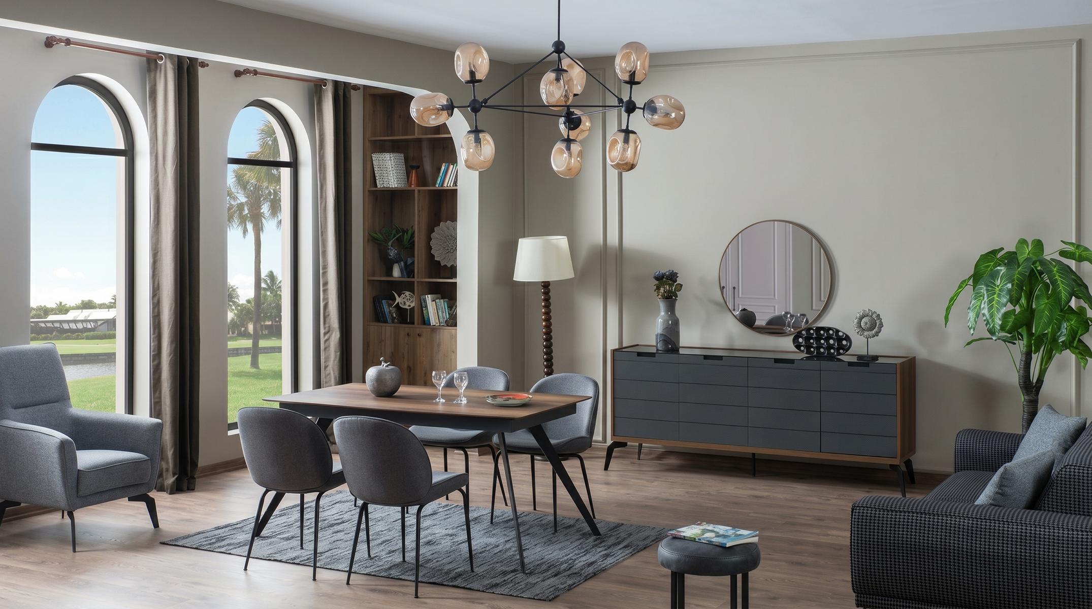 Esszimmer Set Stilvolles Esstisch Stühle(4x) Kommode Spiegel Grau Loft