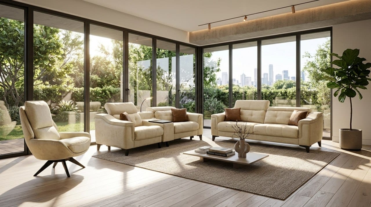 Luxuriöses Beiges Sofa Set Exklusiver 3-Sitzer Stoffsessel Zweisitzer