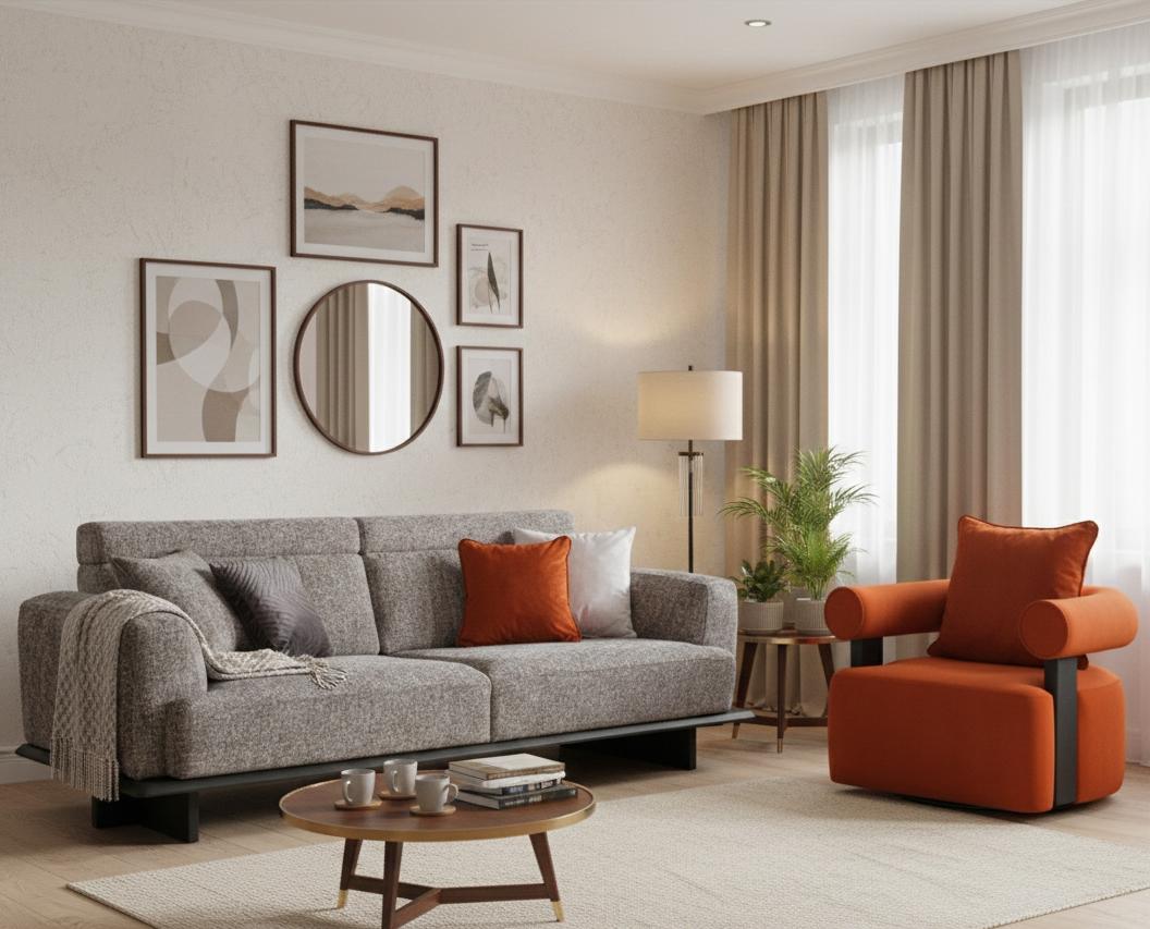 Wohnzimmer set Schlafsofa 2-Sitzer Sessel grau orange modern