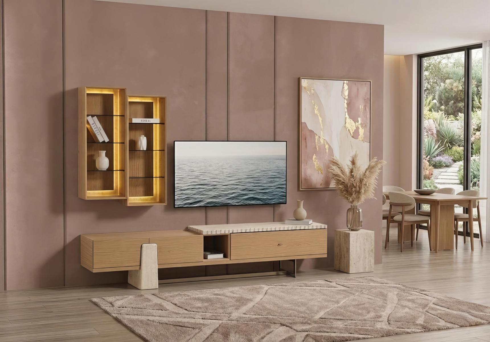 TV Lowboard Set Wandvitrine Modern Beige Edel Luxus Wohnwand Design