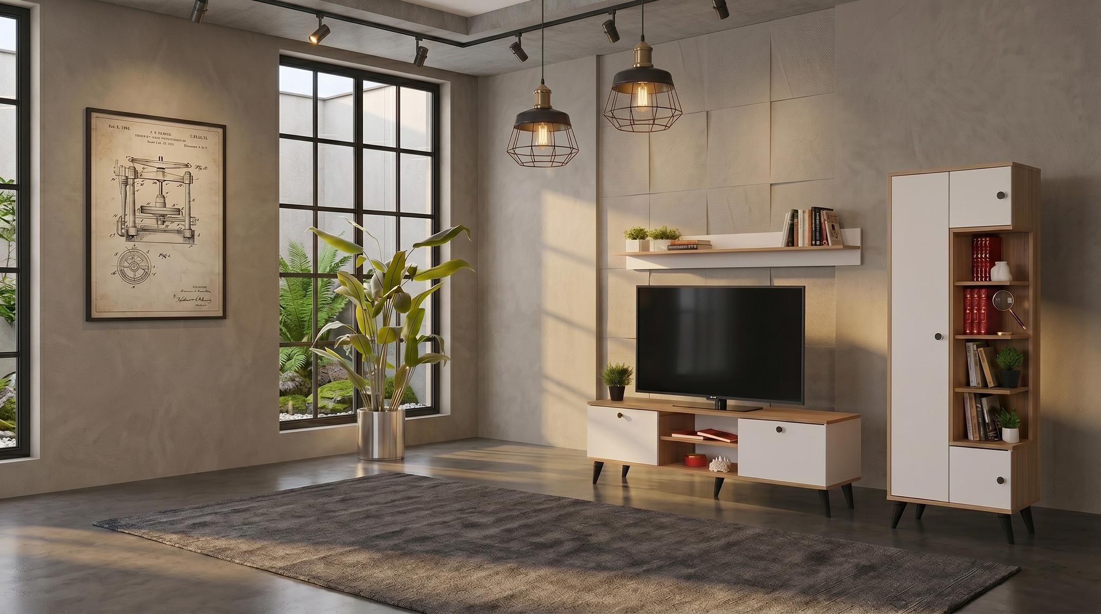 Weißes  modernes TV-Set TV-Unterschrank Regal schmales Bücherregal Wohnzimmer