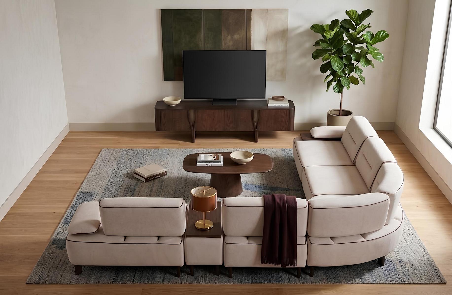 Wohnzimmer Set Ecksofa Couchtisch TW-Lowboard Modern Weiß Braun