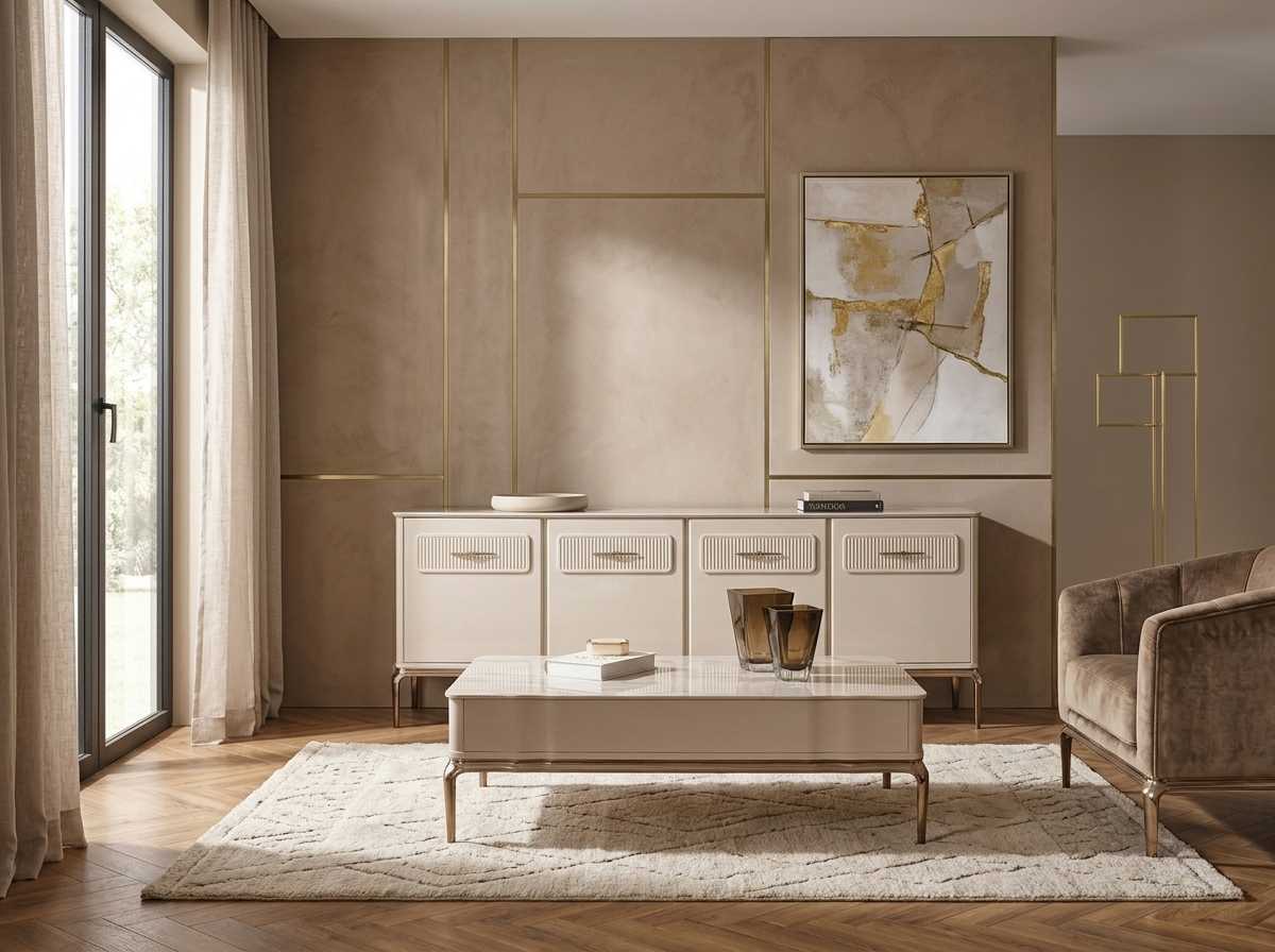 Sideboard Couchtisch Beige Modern Eleganter Fernsehschrank Set