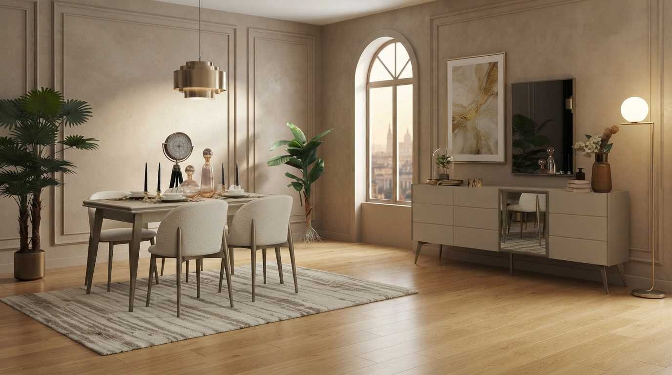 Esszimmer Set Beige Modern Luxus Esstisch Stühle Konsole Spiegel