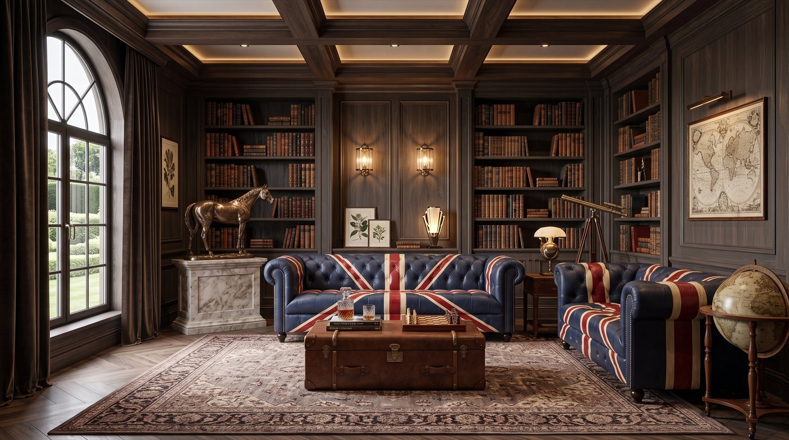 Chesterfield 3-Sitzer Sofa Union Jack Dunkelblau Leder British Vintage