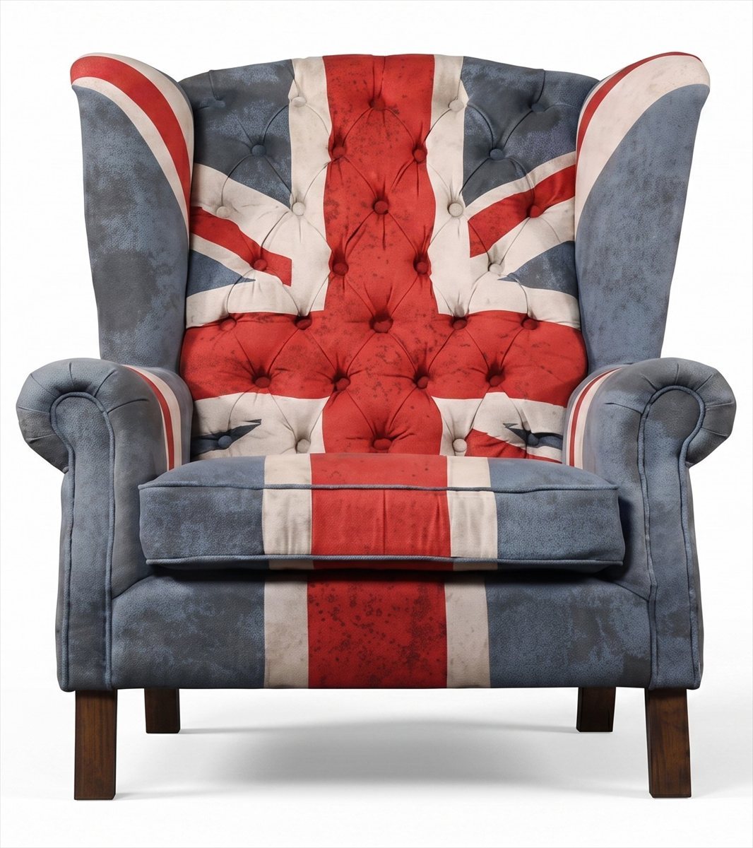 Chesterfield Ohrensessel Union Jack Blau Vintage British Clubsessel