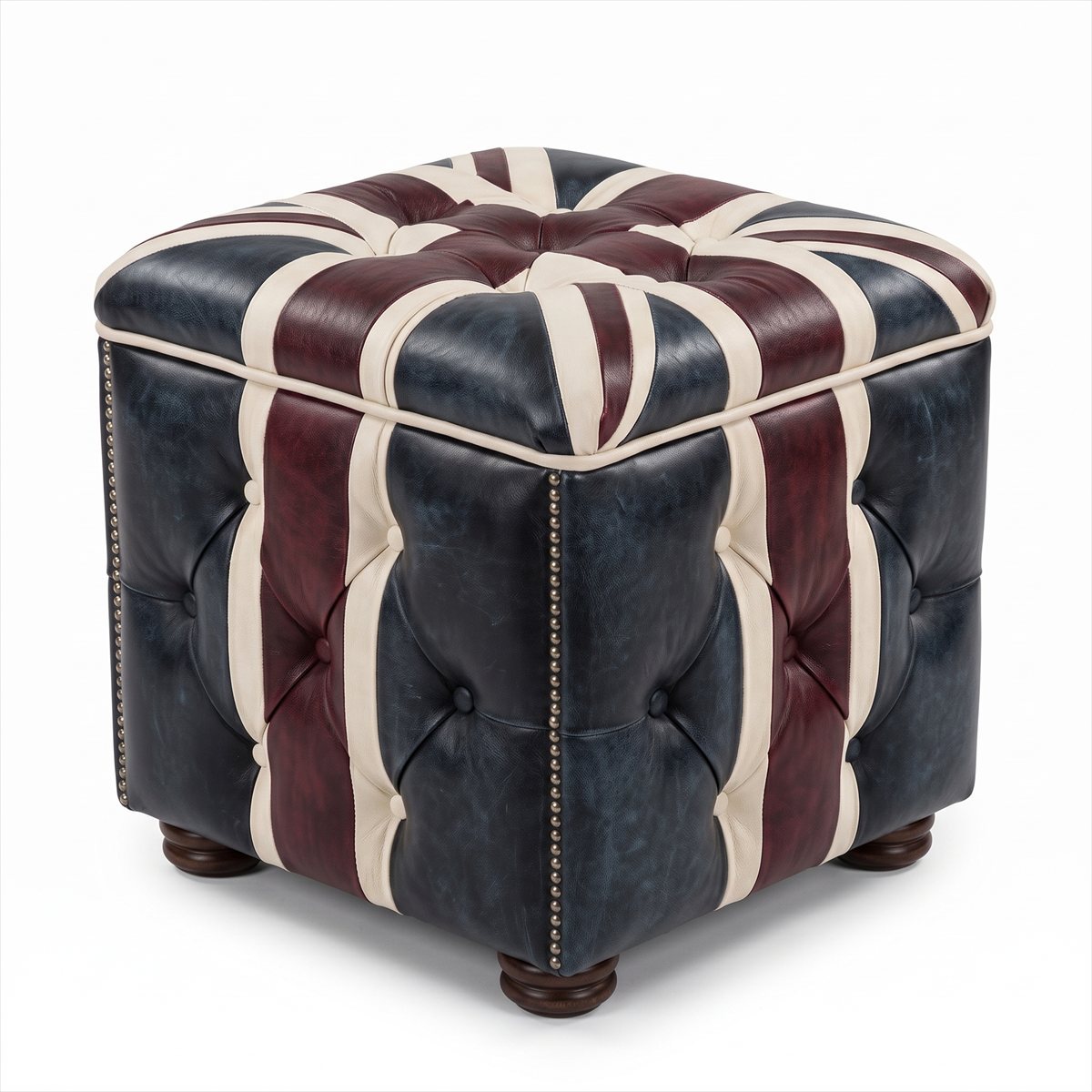 Union Jack Chesterfield Leder Hocker British Vintage Knopfheftung Holz