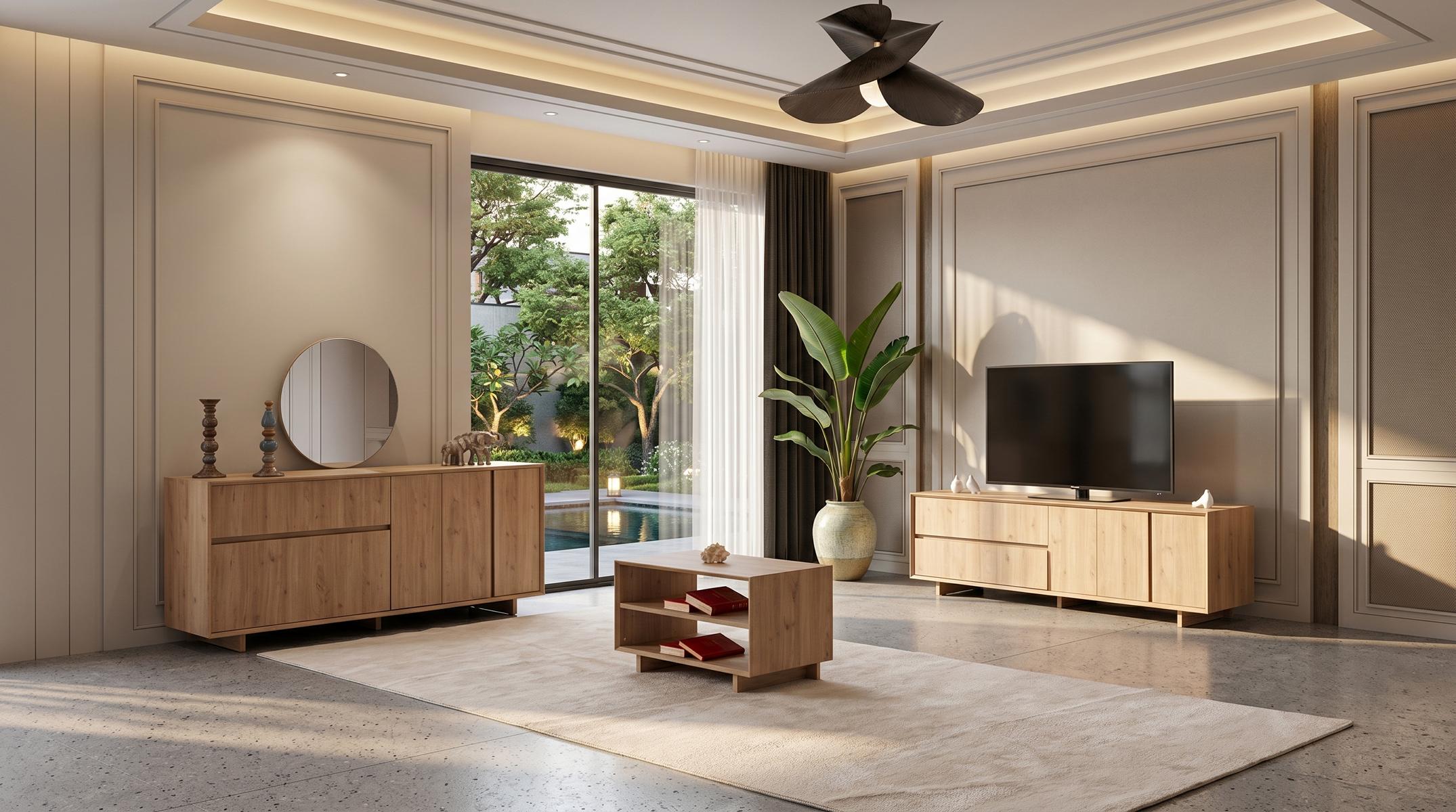 Braunes Wohnzimmer-Set TV-Schrank Couchtisch Konsole Spiegel modern