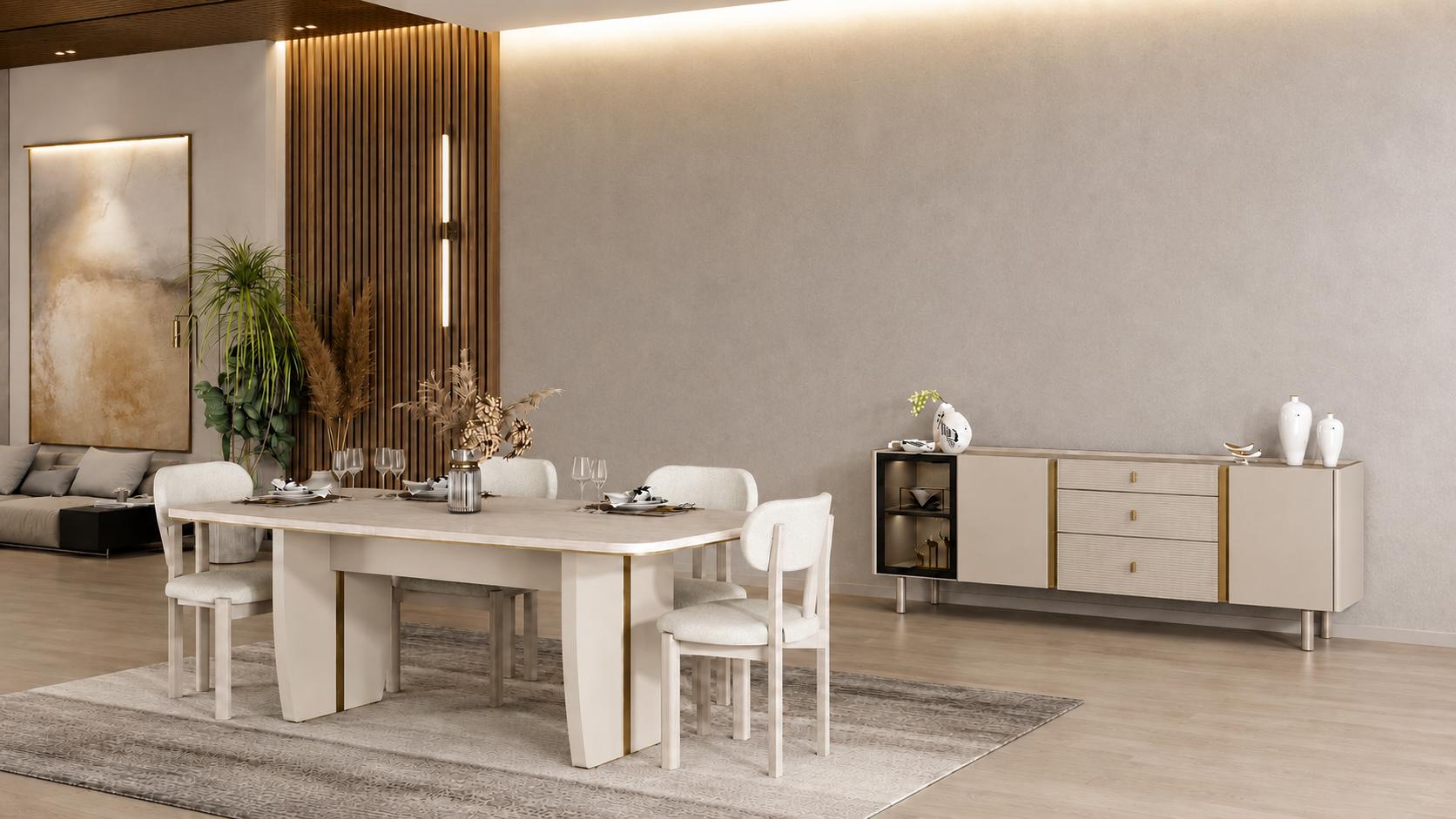 Modern Esszimmer Set Esstisch 4x Stühle Sideboard Beige Holz Textil