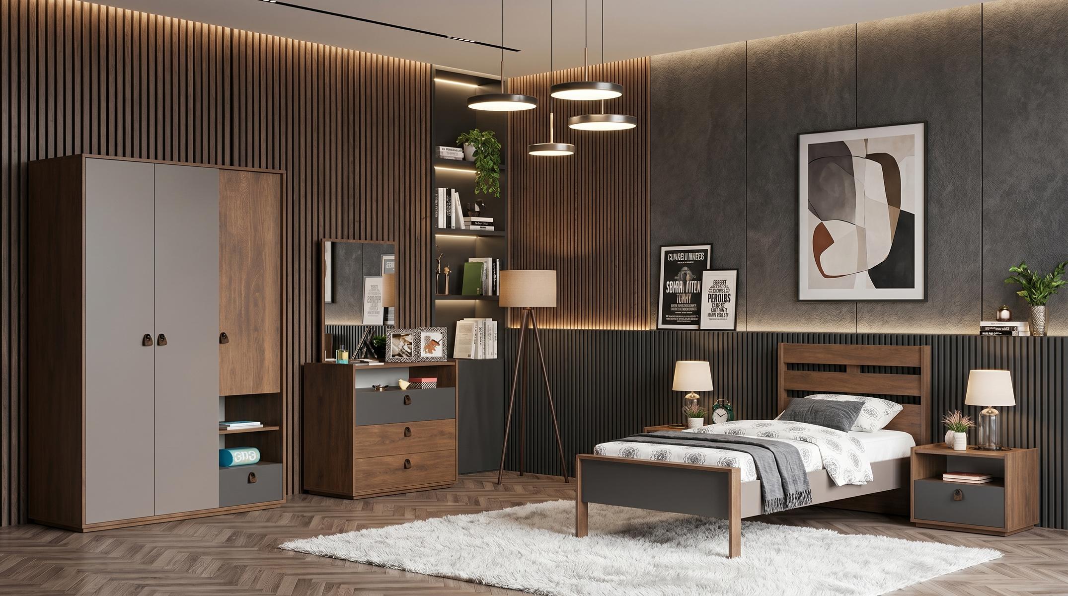 Stilvolles Jugendzimmer in Braun Bett Kleiderschrank Kommode Nachttische