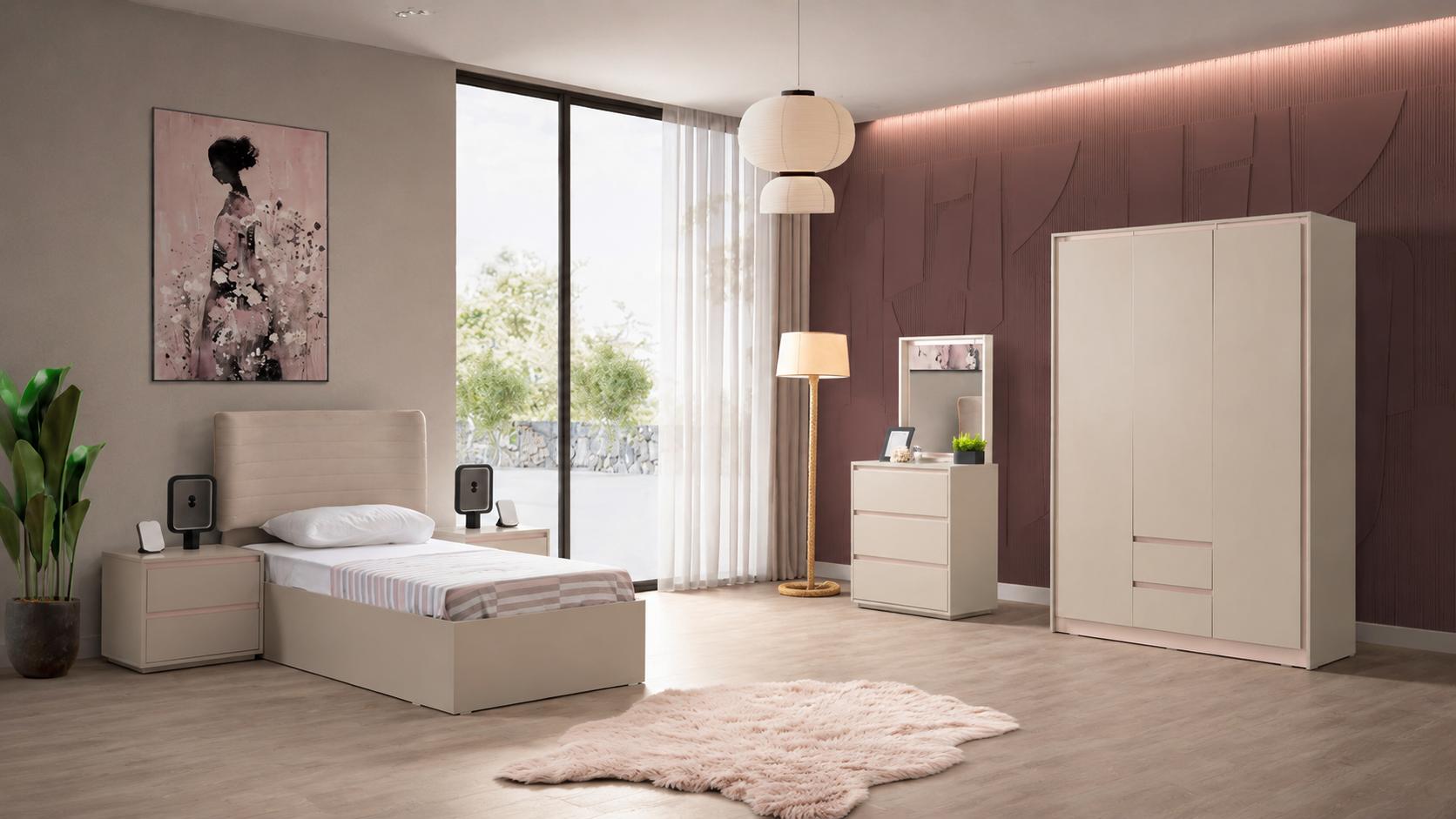 Modernes beigefarbenes Jugendzimmer Bett Kleiderschrank Kommode Nachttische