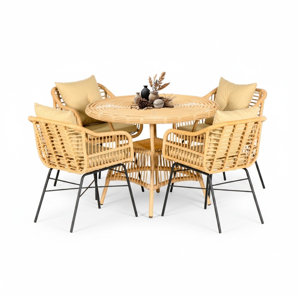 5 tlg. Hochwertiges Rattan Set Garten Möbel Essgruppe Esstisch Stühle Modern Lux